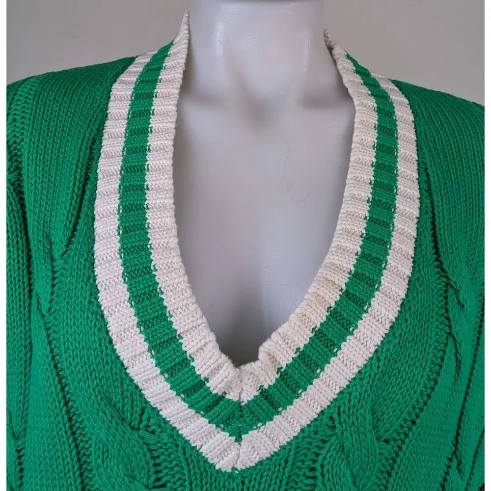 Aerie Cable Knit Sweater Medium Green White Striped V Neck Varsity Oversized